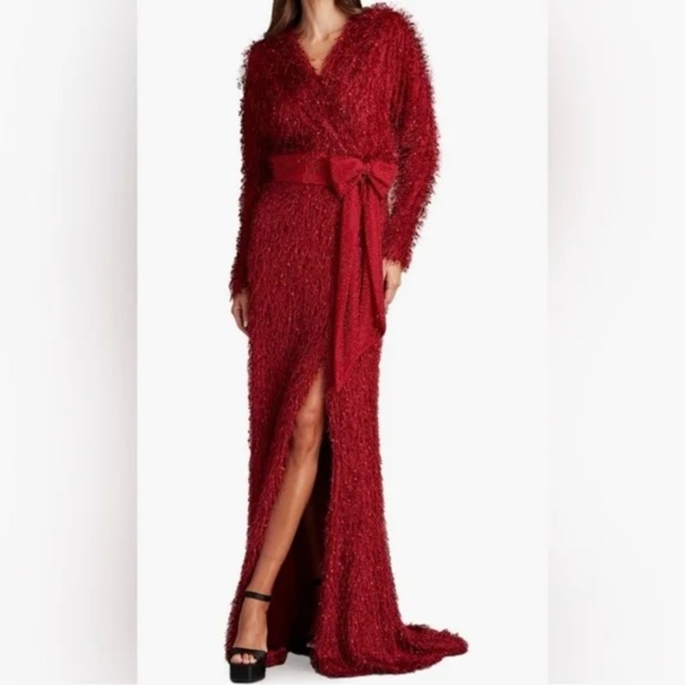 Tadashi Shoji Red Asymmetrical Wrap Gown - Picture 3 of 4